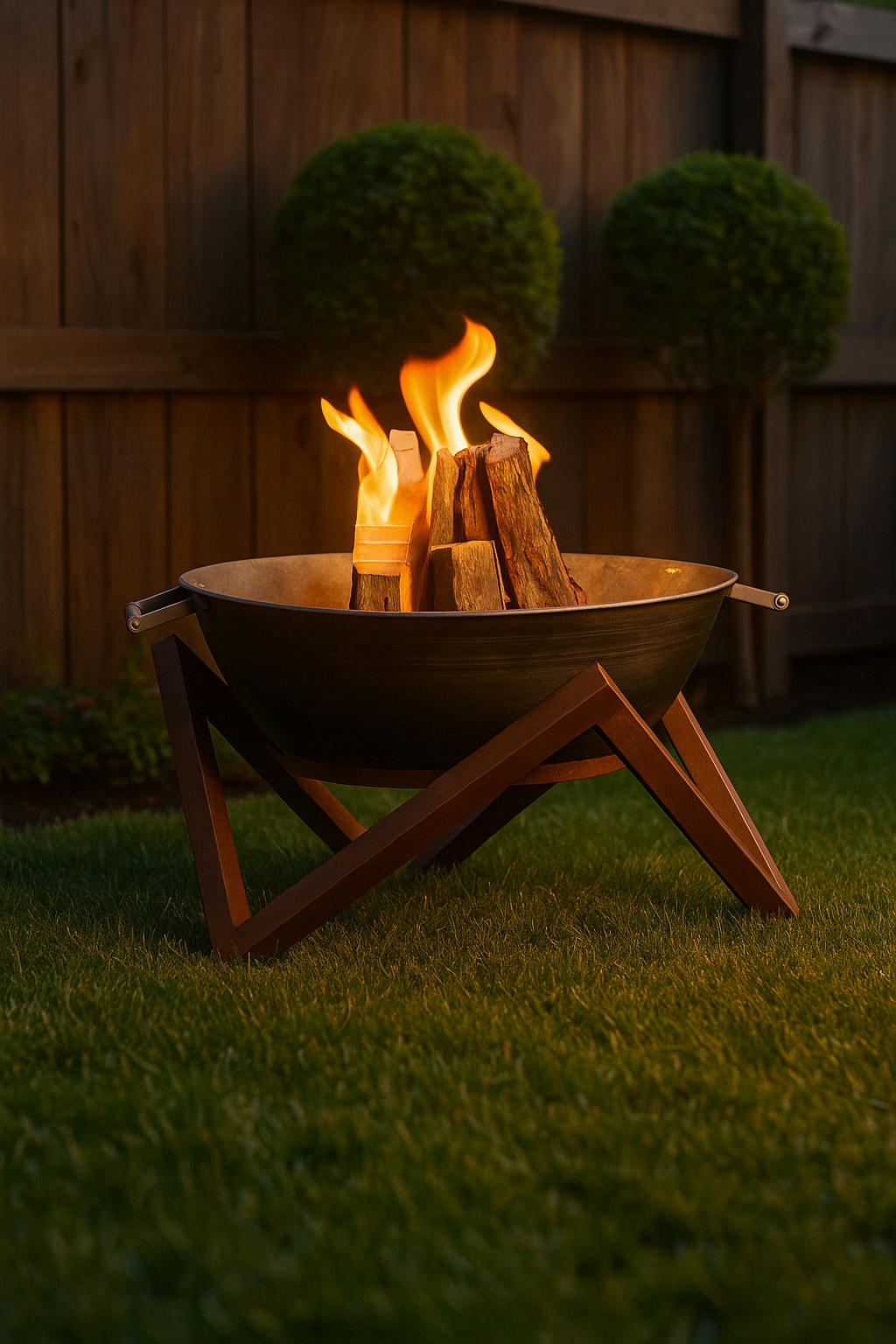 Innova Tri-Stand Firepit – 24” Wood Burning Outdoor Fire Pit with Modern Geometric Base (Black Iron Bowl)